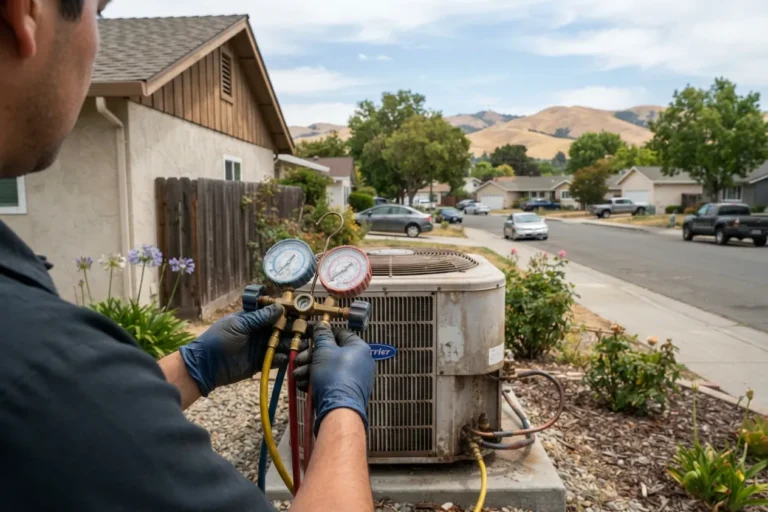 Technician checking refrigerant pressure on an outdoor AC unit
